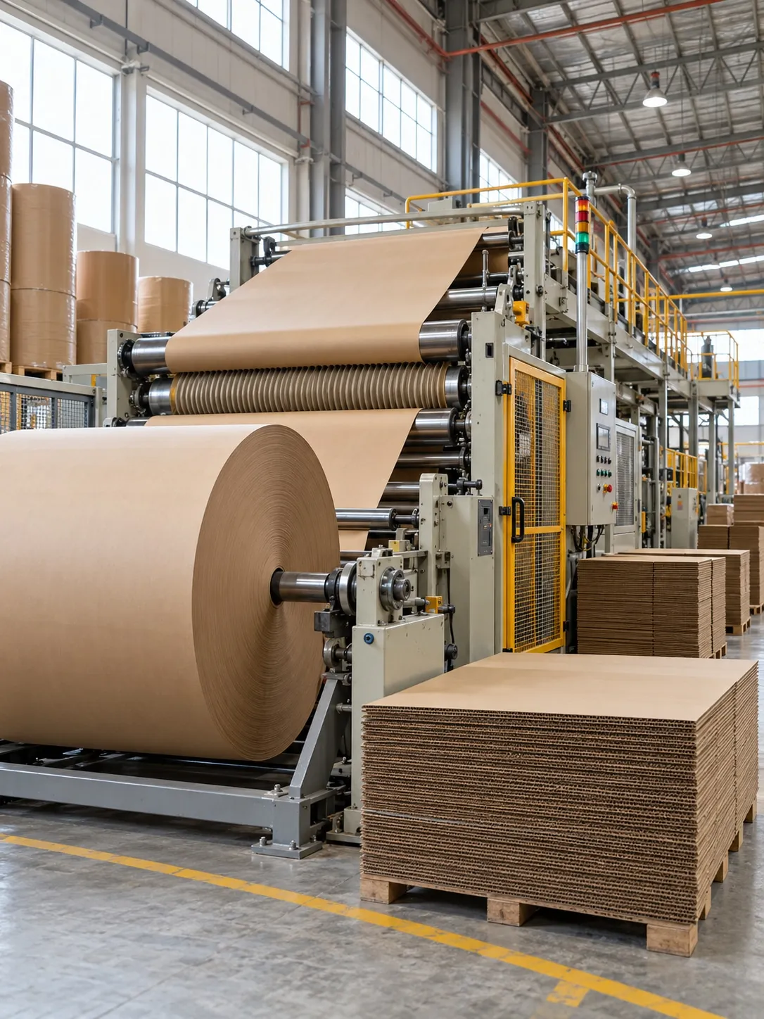 Corrugating line feeding kraft paper rolls into corrugated board on a factory floor