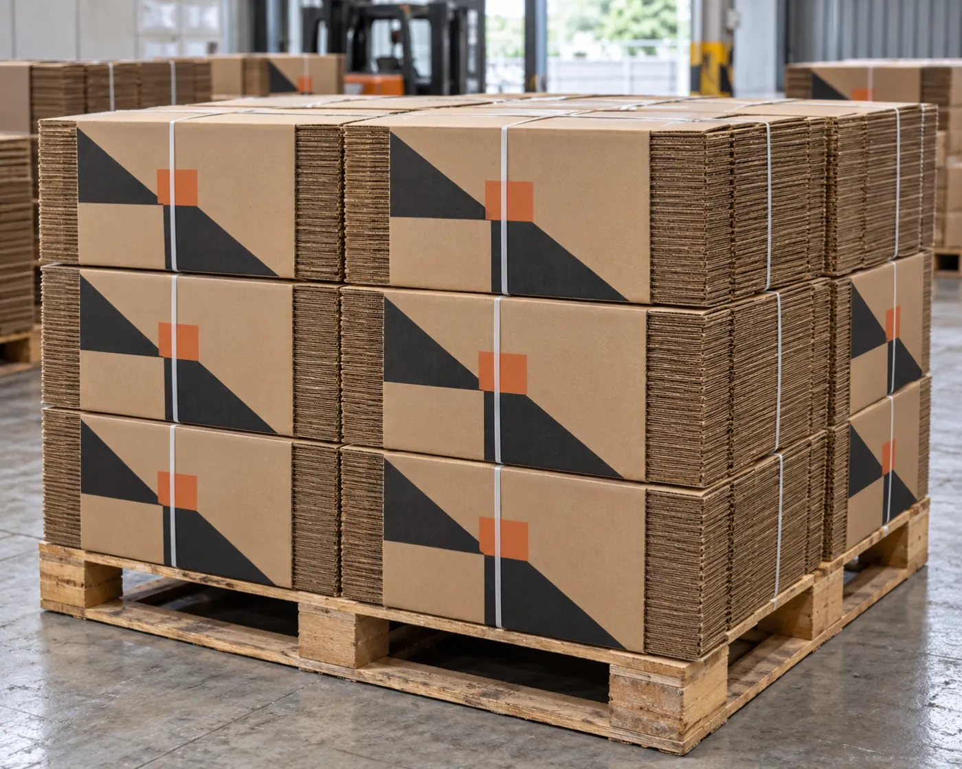 Pallet of flat-packed printed corrugated cartons strapped and ready for delivery
