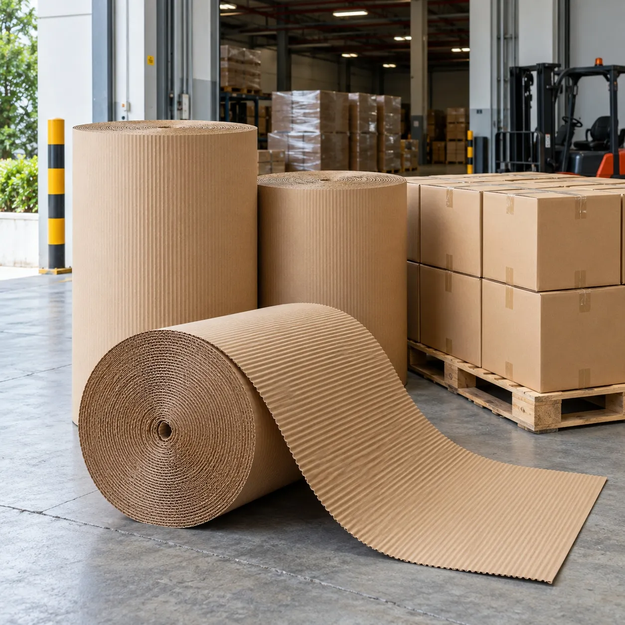Single facer corrugated rolls at a factory loading bay