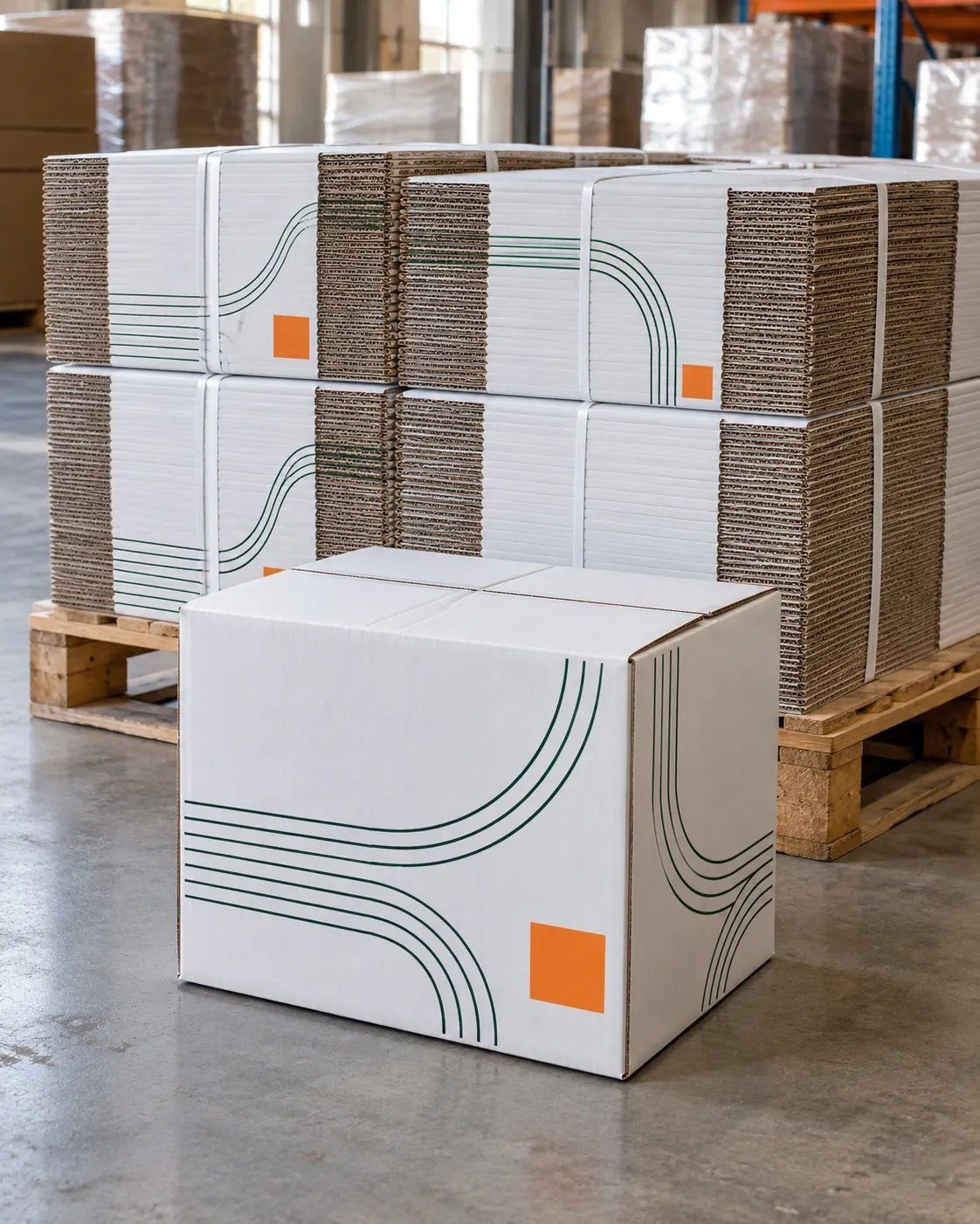 White corrugated carton boxes with printed line artwork