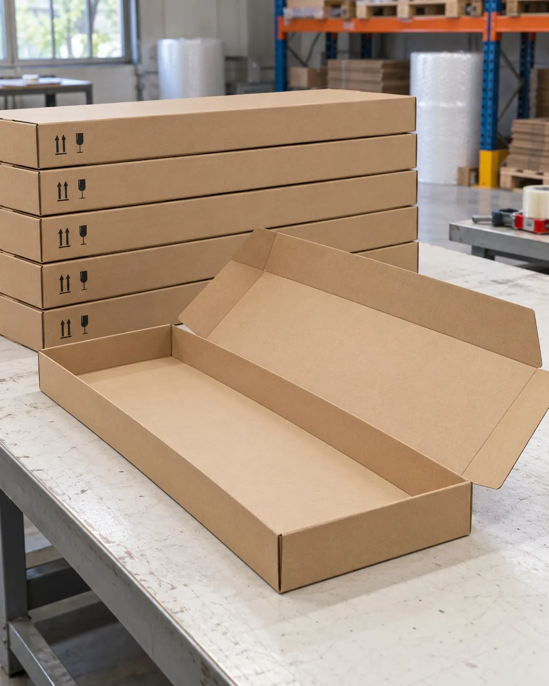 Long flat corrugated cartons with an open tray and fragile markings