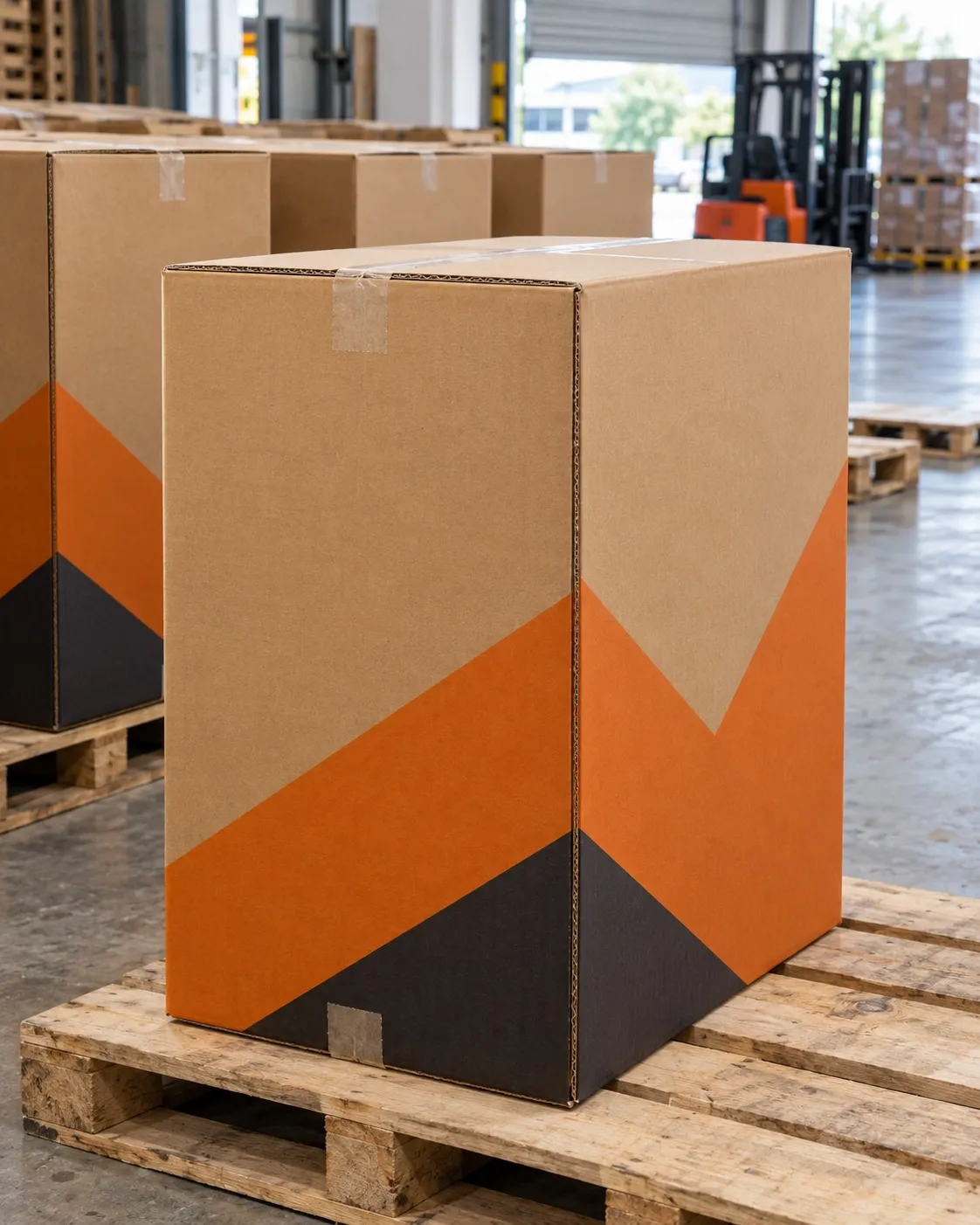 Large printed corrugated carton on a wooden pallet