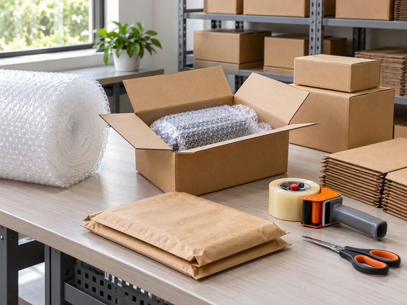 E-commerce packing table with carton box, bubble wrap and tape