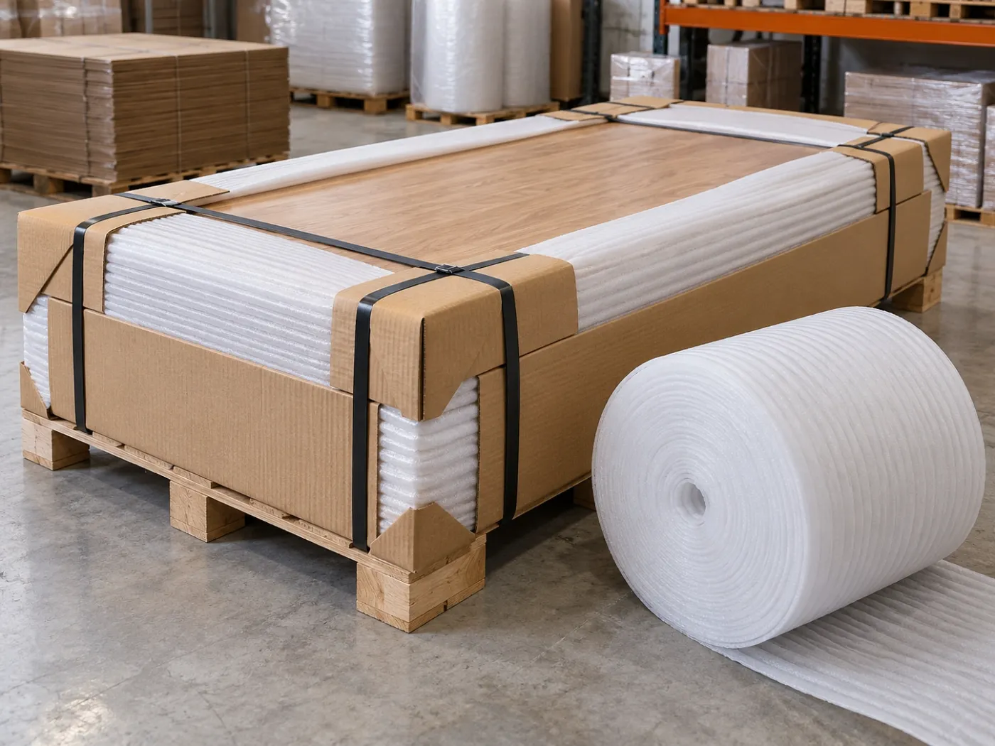 Furniture panel protected with PE foam, paper angles and strapping on a pallet