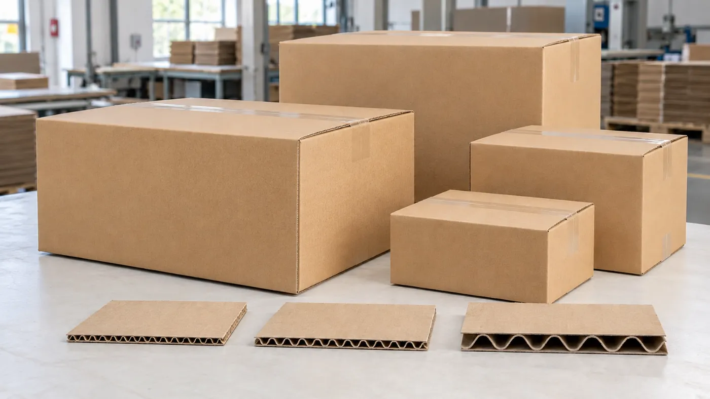 Corrugated carton boxes with flute samples showing different board thicknesses