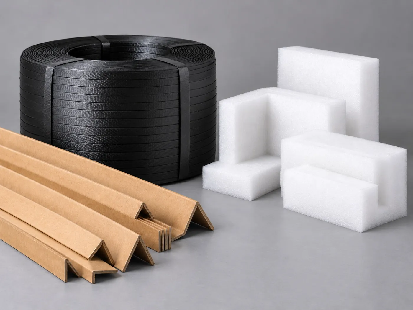 Strapping band coil, paper angles and foam corner protectors