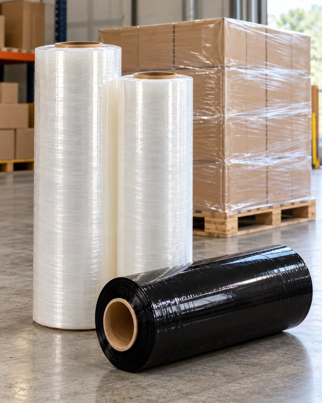 Clear and black stretch film rolls in front of a wrapped pallet