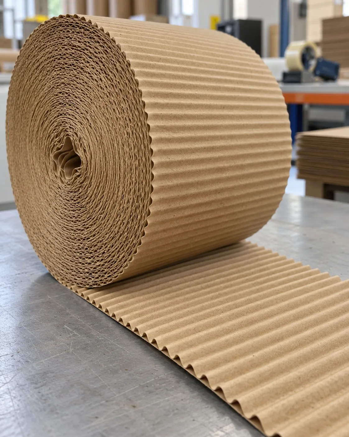 Close-up of a single facer corrugated roll showing the flutes